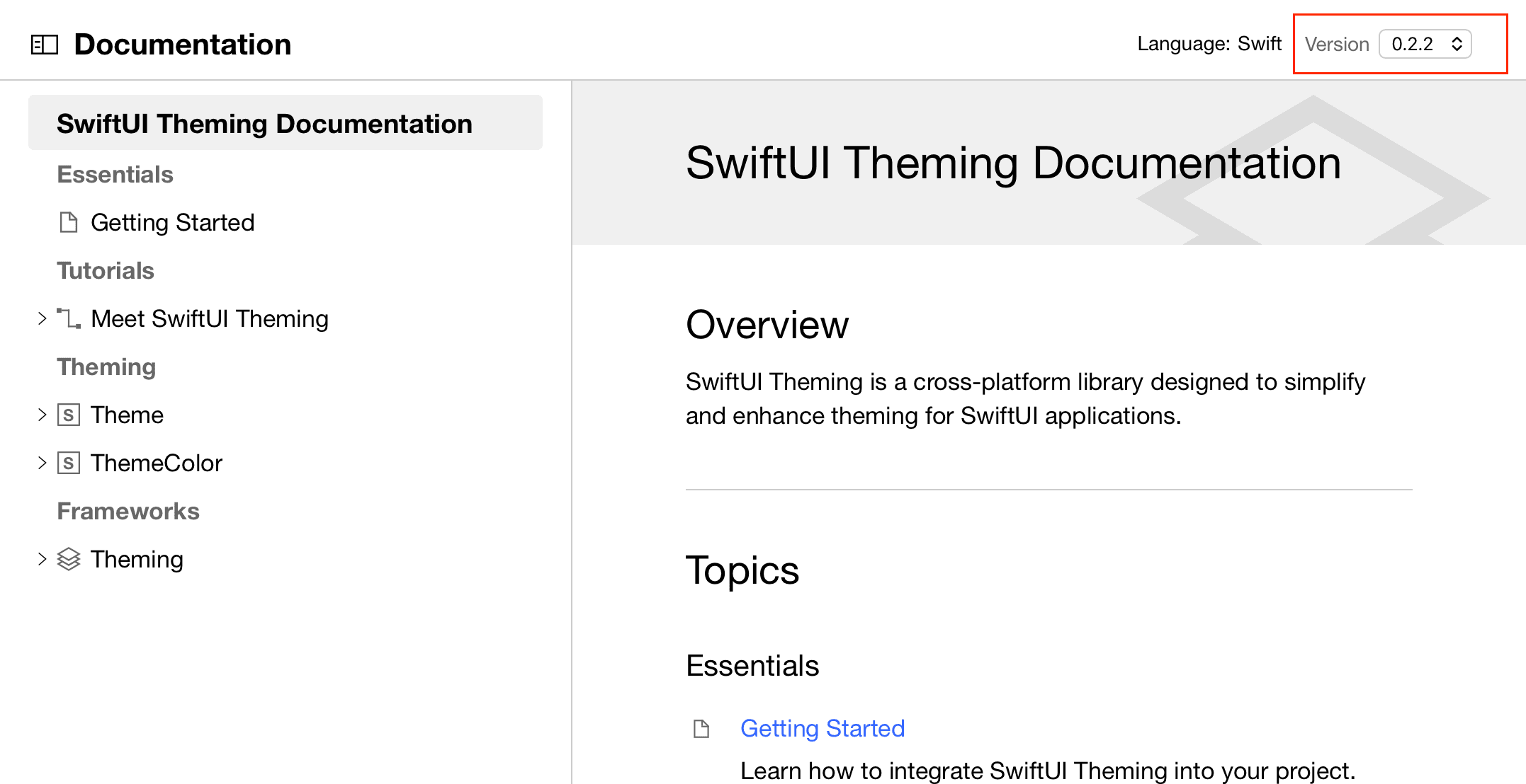 A version picker in the trailing edge of the navigation bar of the DocC documentation website