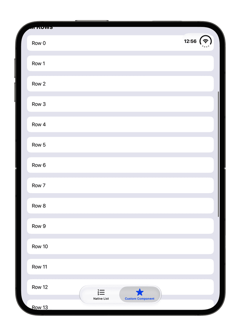 Custom ScrollView on iPhone Duo spanning the full width, with its rows inset by the content margins and the scroll indicator at the screen edge