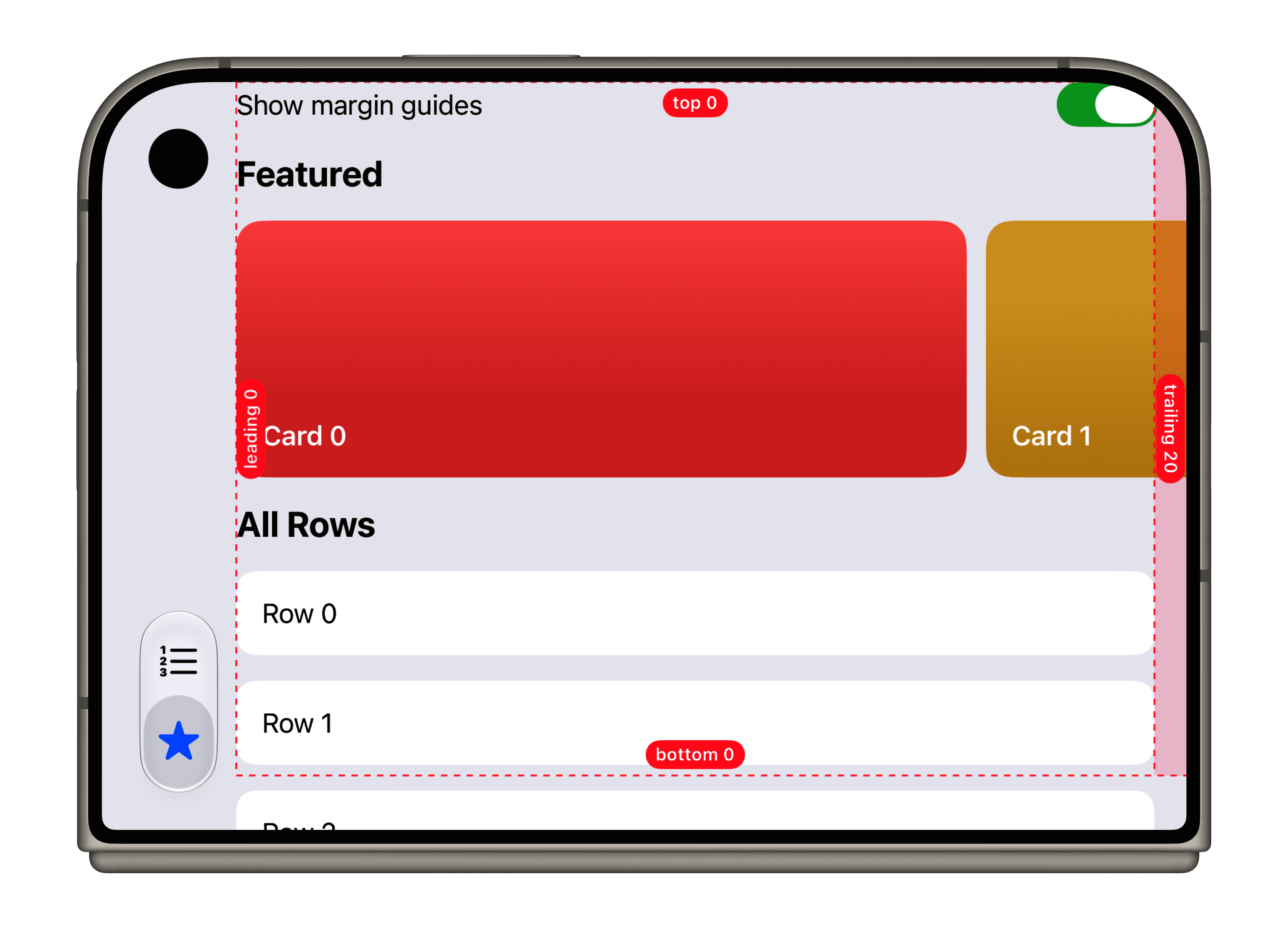 Folded iPhone Duo with the vertical toolbar on the leading edge and the margin guides showing 0 pt leading and 20 pt trailing